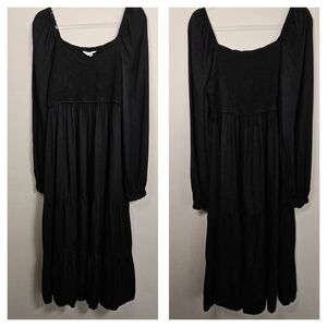 Beyond Words Black Boho Smocked Long Sleeve Fit & Flare Dress Size Large